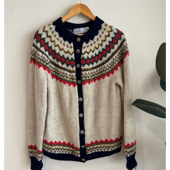 VTG Siril Hand Knitted Sweater Shop Faire Isle Nordic Cardigan Large? 100% Wool - Picture 1 of 6